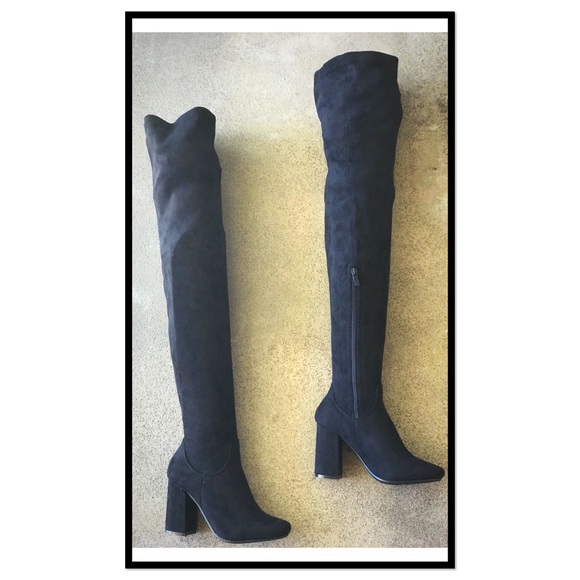 Elantra Thigh High Black Suede Block Heel Boots - Picture 3 of 7